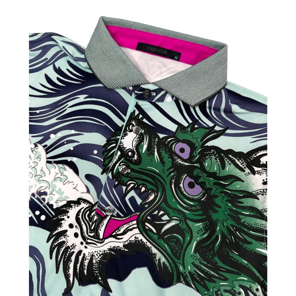 NEW Greyson Golf Polo SS Performance Mythical Sea Dragon AOP Graphics Men's Sz M